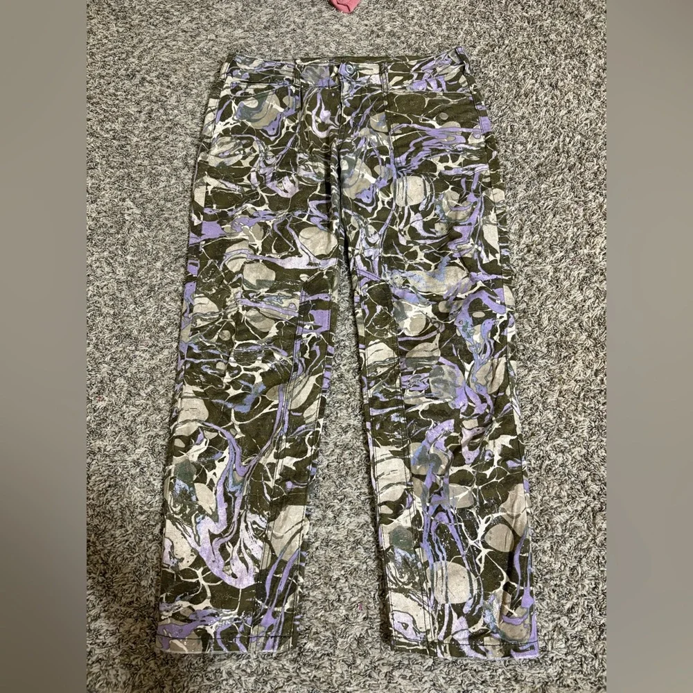 Pilcro Abstract Pattern Straight Leg Pants - Green, Purple, Cream - Picture 1 of 5